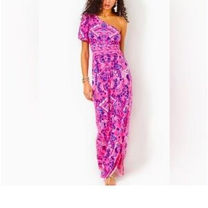 Chic Pink and Purple One-Shoulder Gown